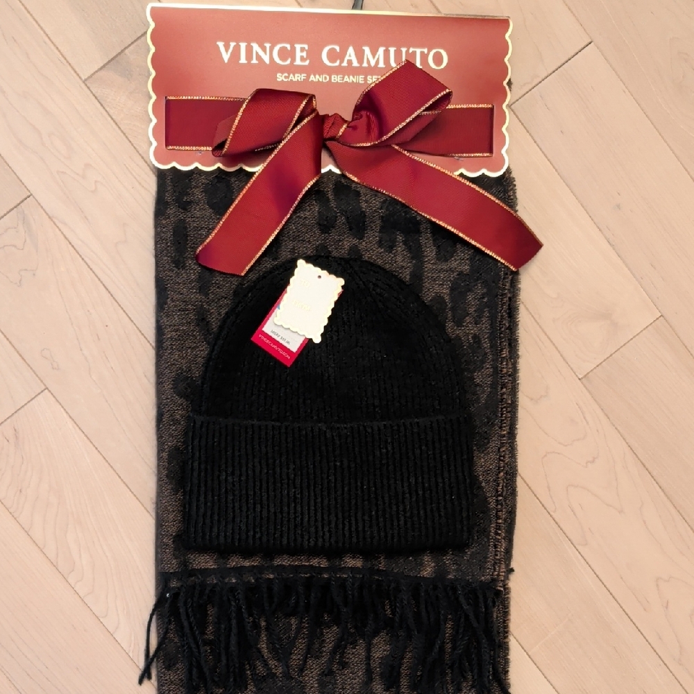 Vince Camuto Black and Gray Scarf and Beanie Set
